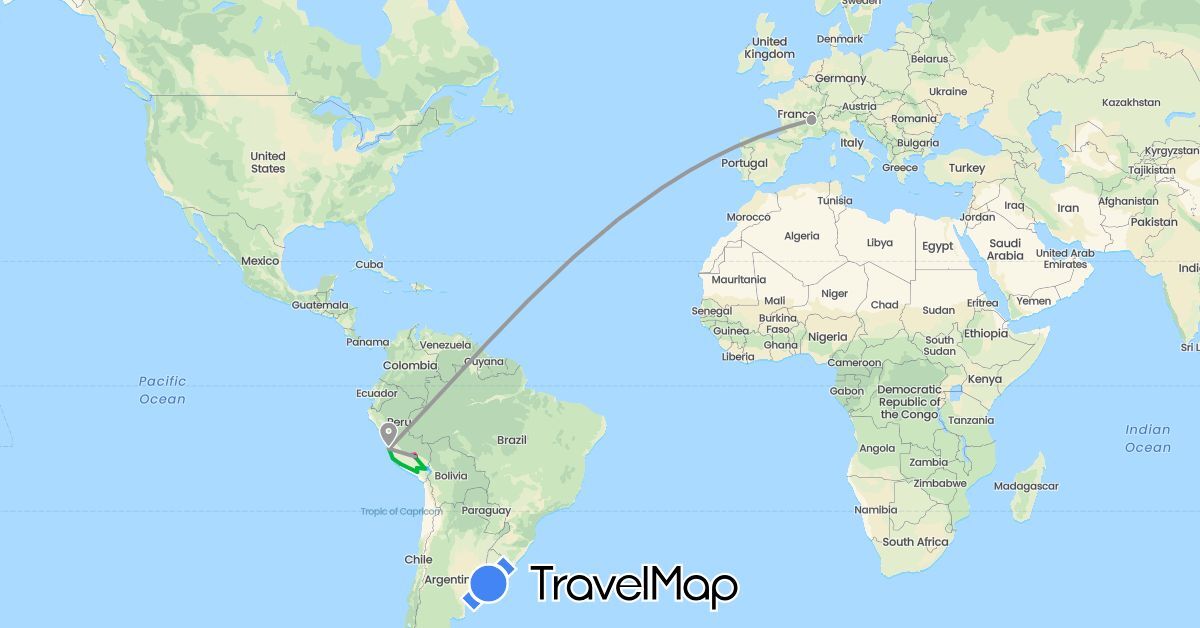 TravelMap itinerary: driving, bus, plane, train, hiking, boat in France, Peru (Europe, South America)